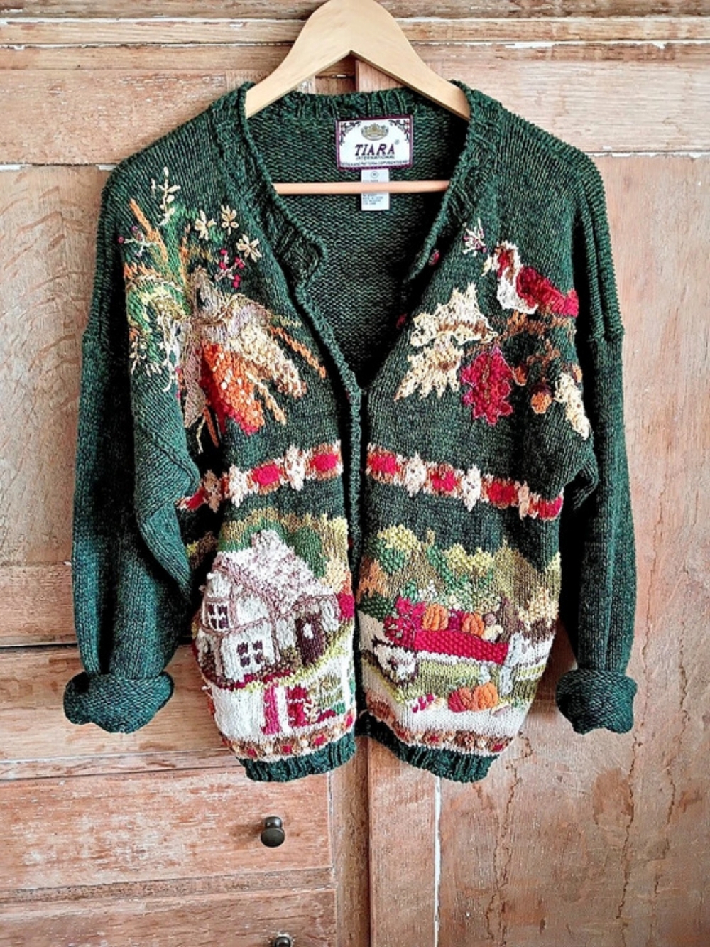 Tiara International Embroidered Fall Cottage Cardigan Green Size Medium